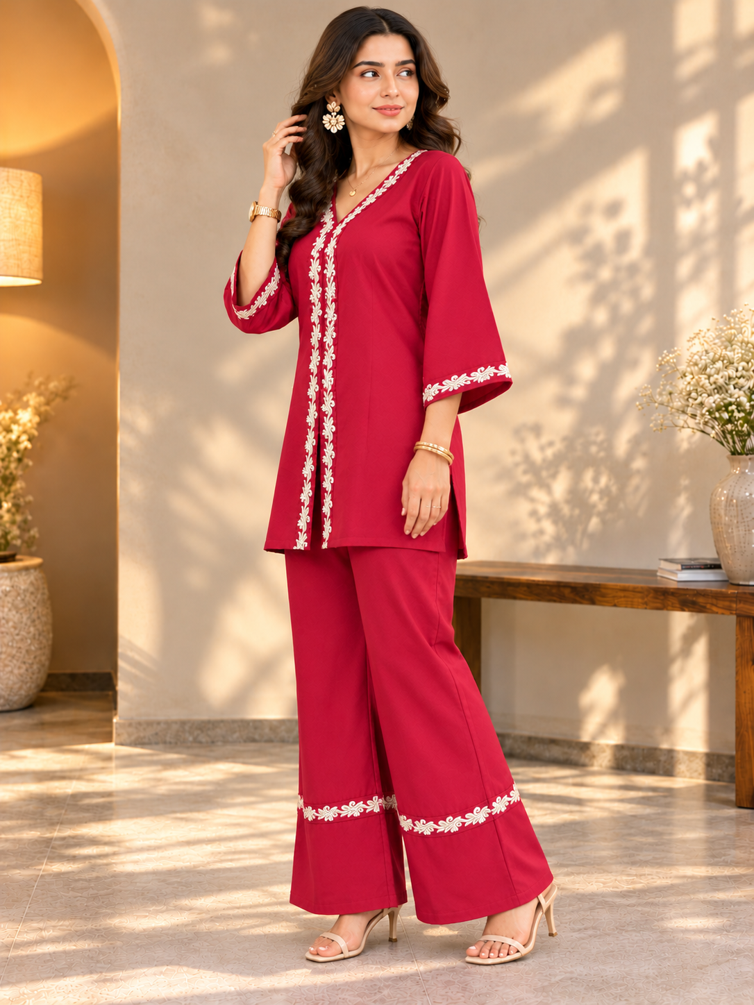 Red Crimson Floral Embroidered Tunic & Palazzo Set | Claura