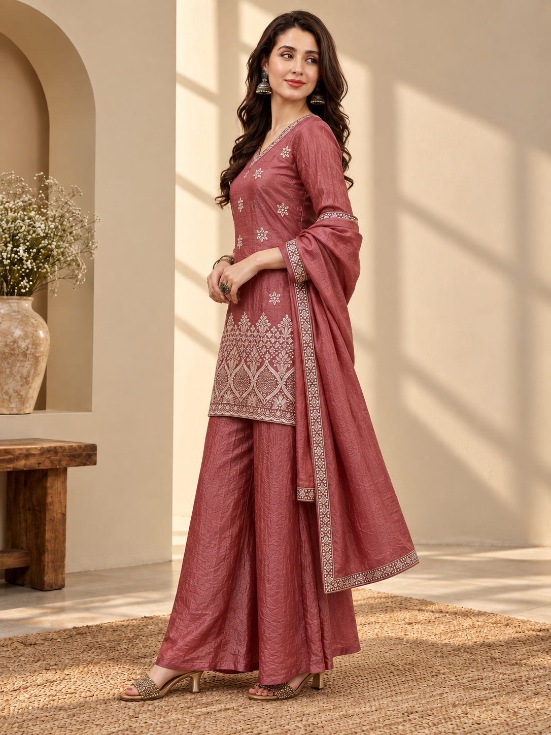Burgundy Bloom Embroidered Silk Suit Set with Dupatta | Claura