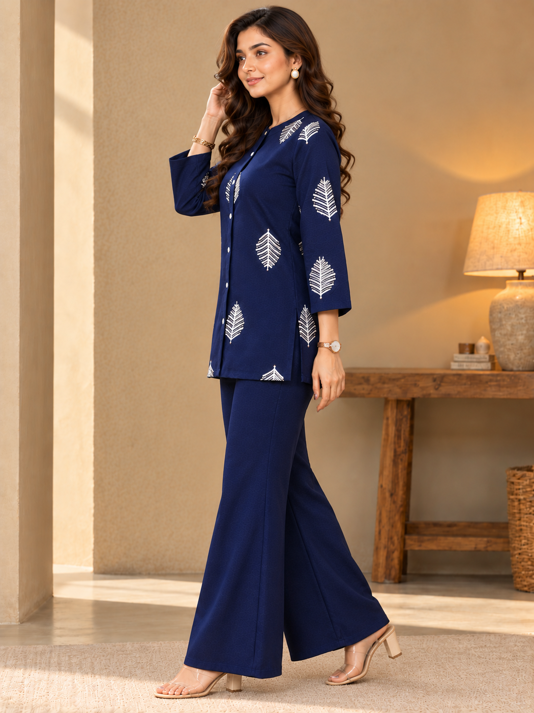 Navy Blue Floral Embroidered Tunic with White Detailing & Palazzo Pants | Claura