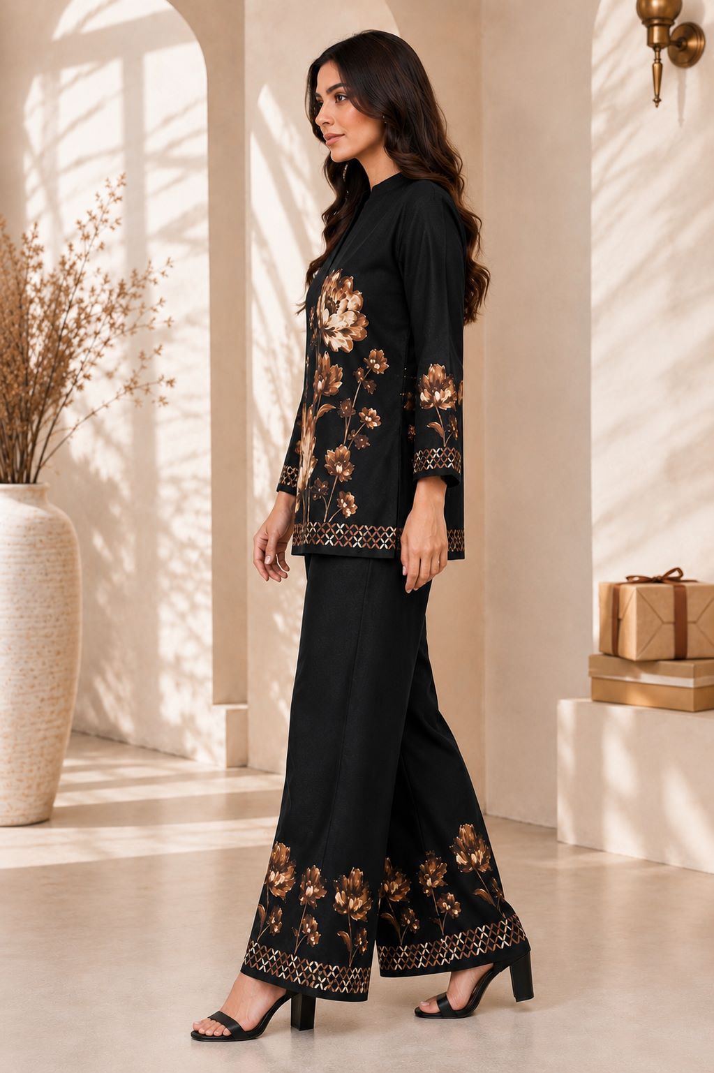 Black Floral Printed Rayon Co-Ord Set For Women | Claura