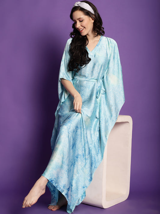 Blue Abstract Printed Satin kaftan Maxi Nightdress