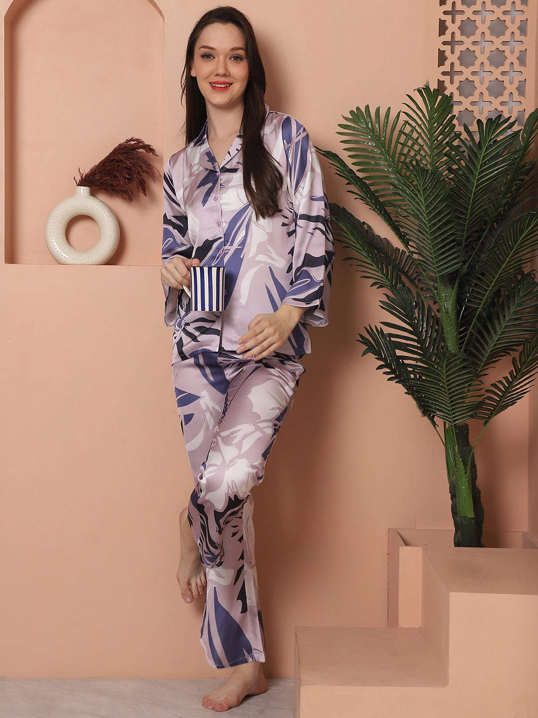 Mauve Floral Printed Satin Night Suit for Women by Claura