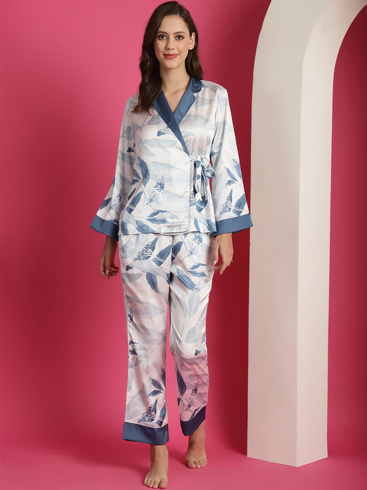 Blue Colour Floral Printed Satin Night Suit For Women