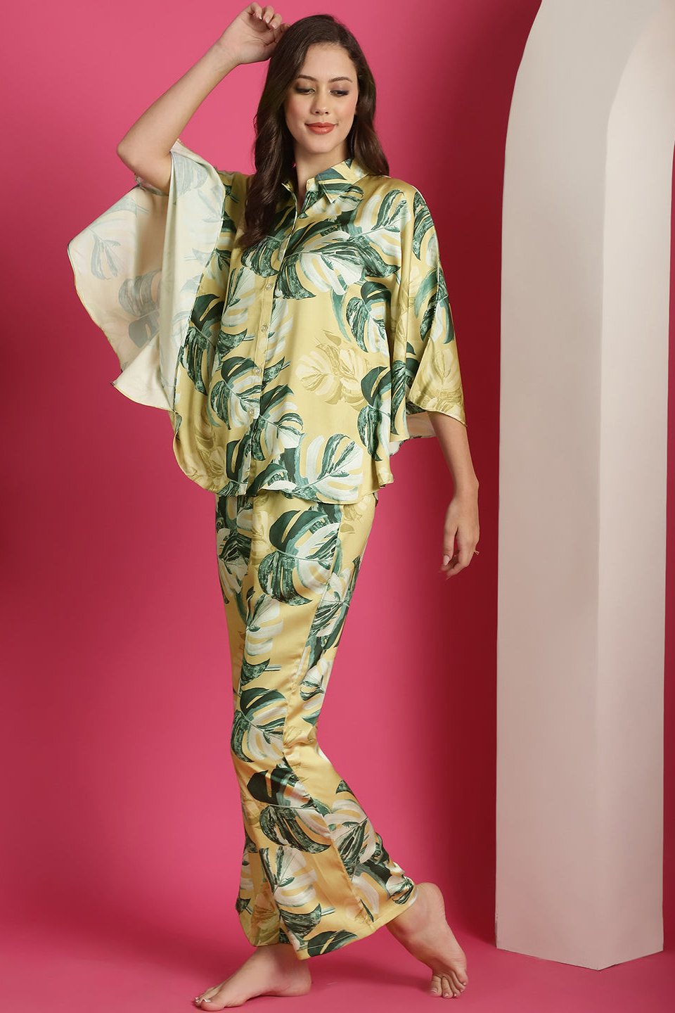 Yellow Floral Printed Satin Night Suit for Women by Claura
