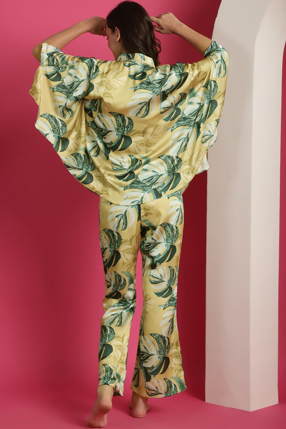 Yellow Floral Printed Satin Night Suit for Women by Claura