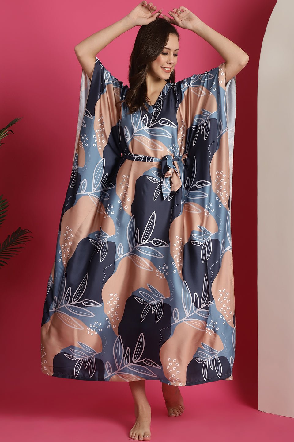 Blue Colour Tropical Printed Silk Satin Kaftan Nightdress