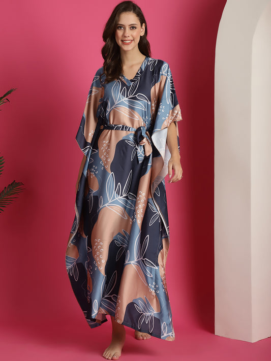 Blue Colour Tropical Printed Silk Satin Kaftan Nightdress