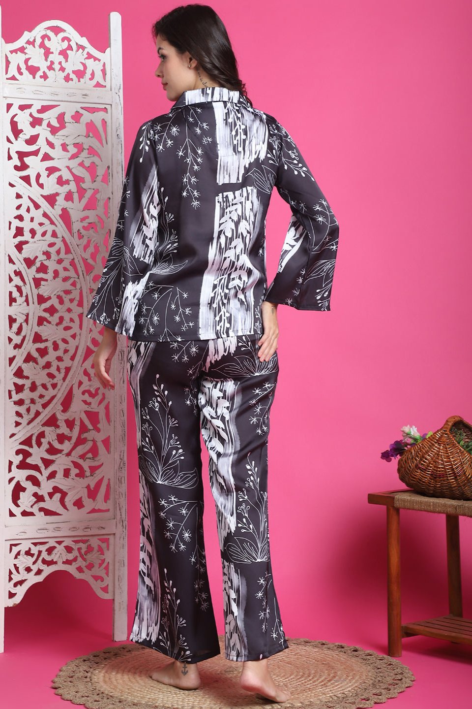 Back view of model in Black Printed Night Suit