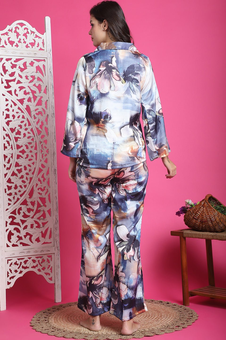 Multi-Color Floral Printed Satin Silk Night Suit for Women by Claura