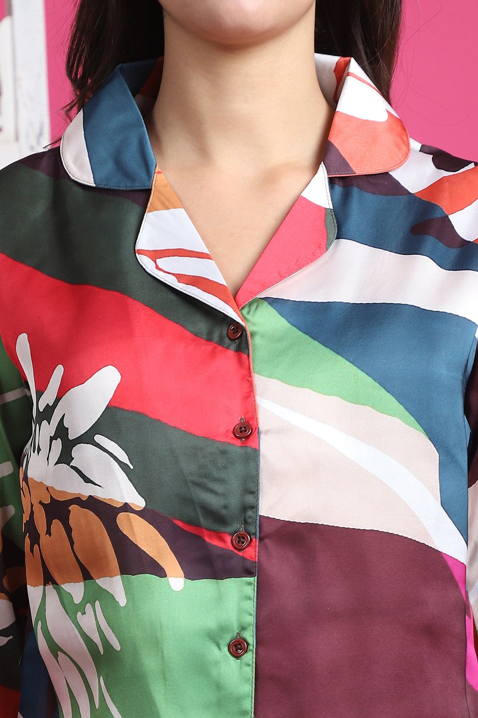 Multi-Color Abstract Printed Satin Night Suit for Women by Claura