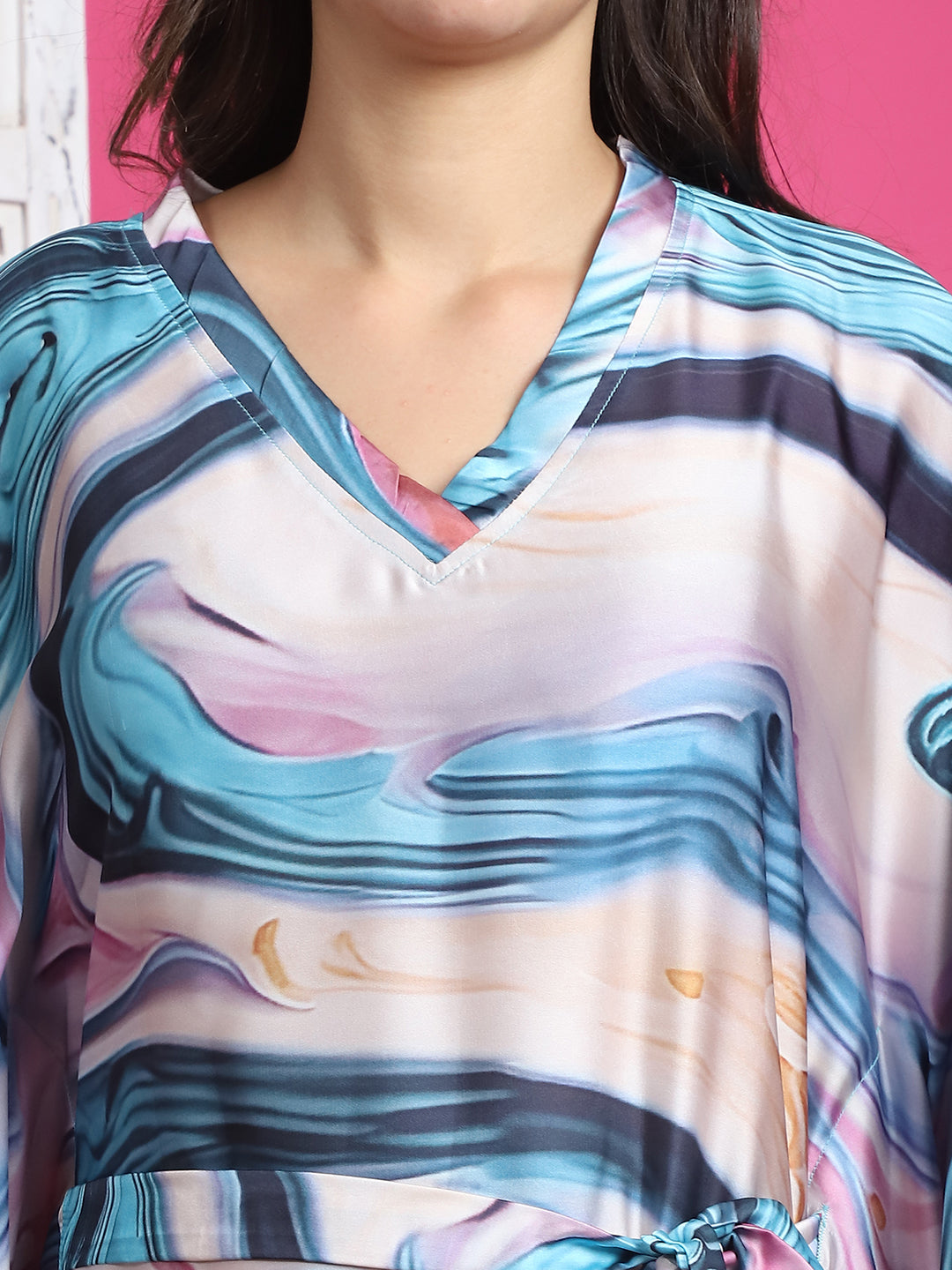 Multi Color Tie and Dye Printed Satin Kaftan For Women