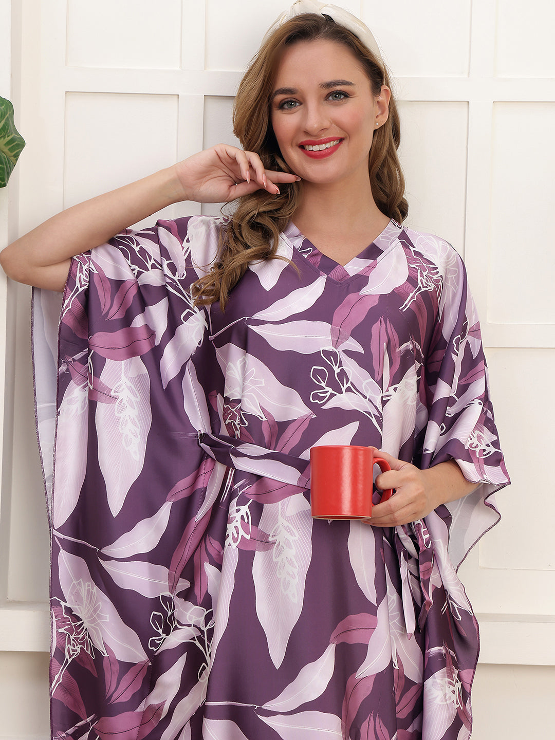 Purple Satin Floral Printed Kaftan Dress | Claura