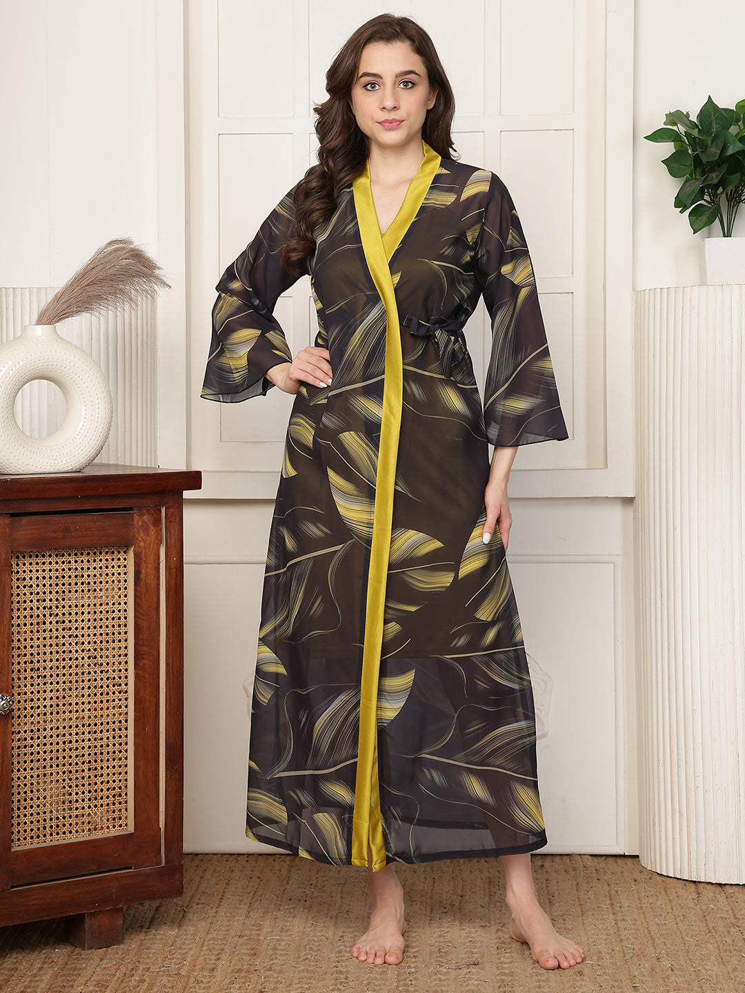 Mustard Floral Printed Satin Nightdress with Georgette Robe | Claura