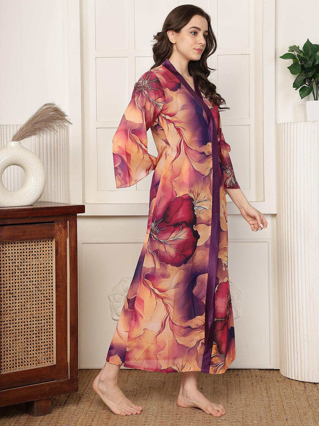 Purple Floral Printed Satin Nightdress with Georgette Robe | Claura