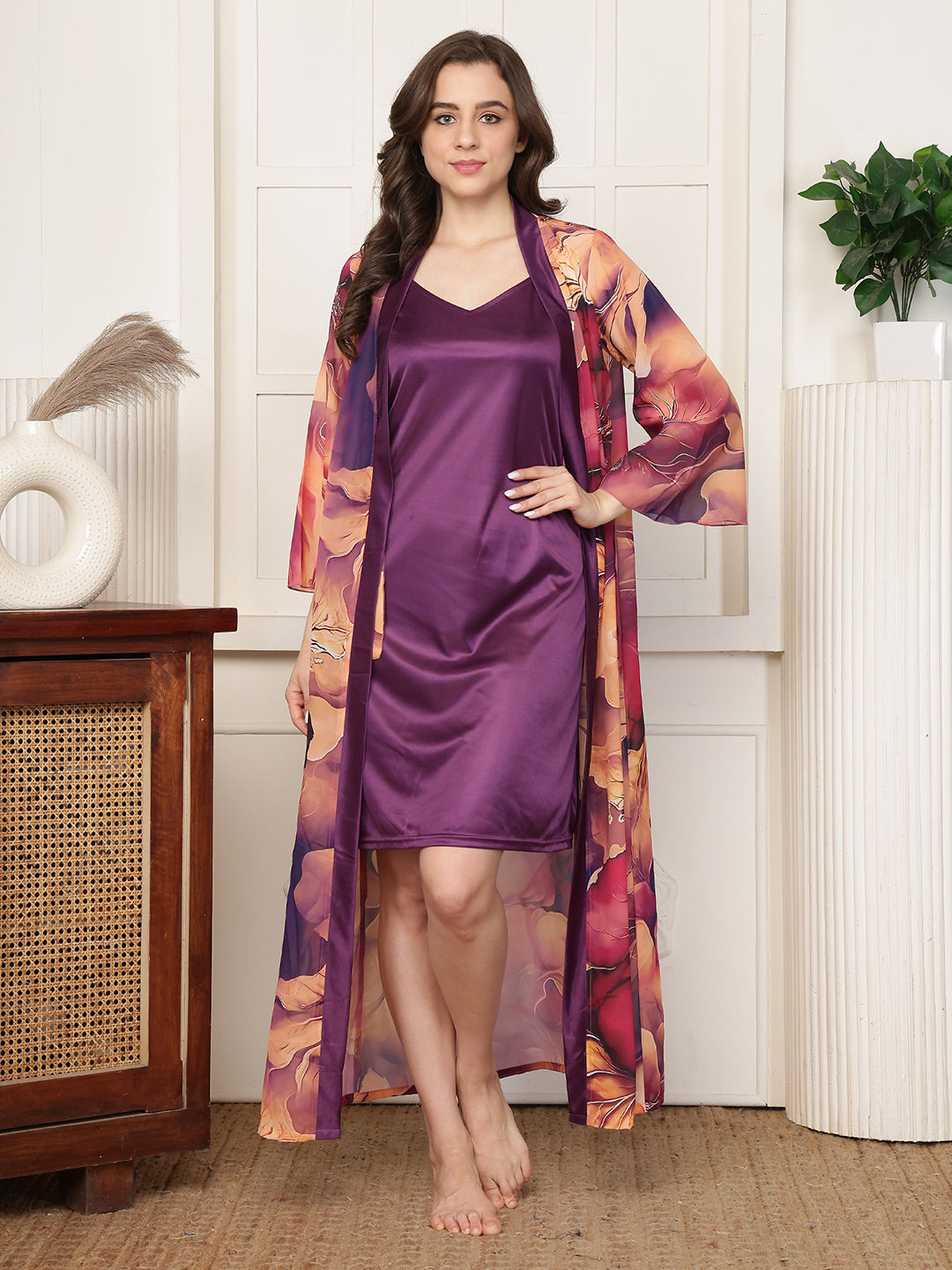 Purple Floral Printed Satin Nightdress with Georgette Robe | Claura