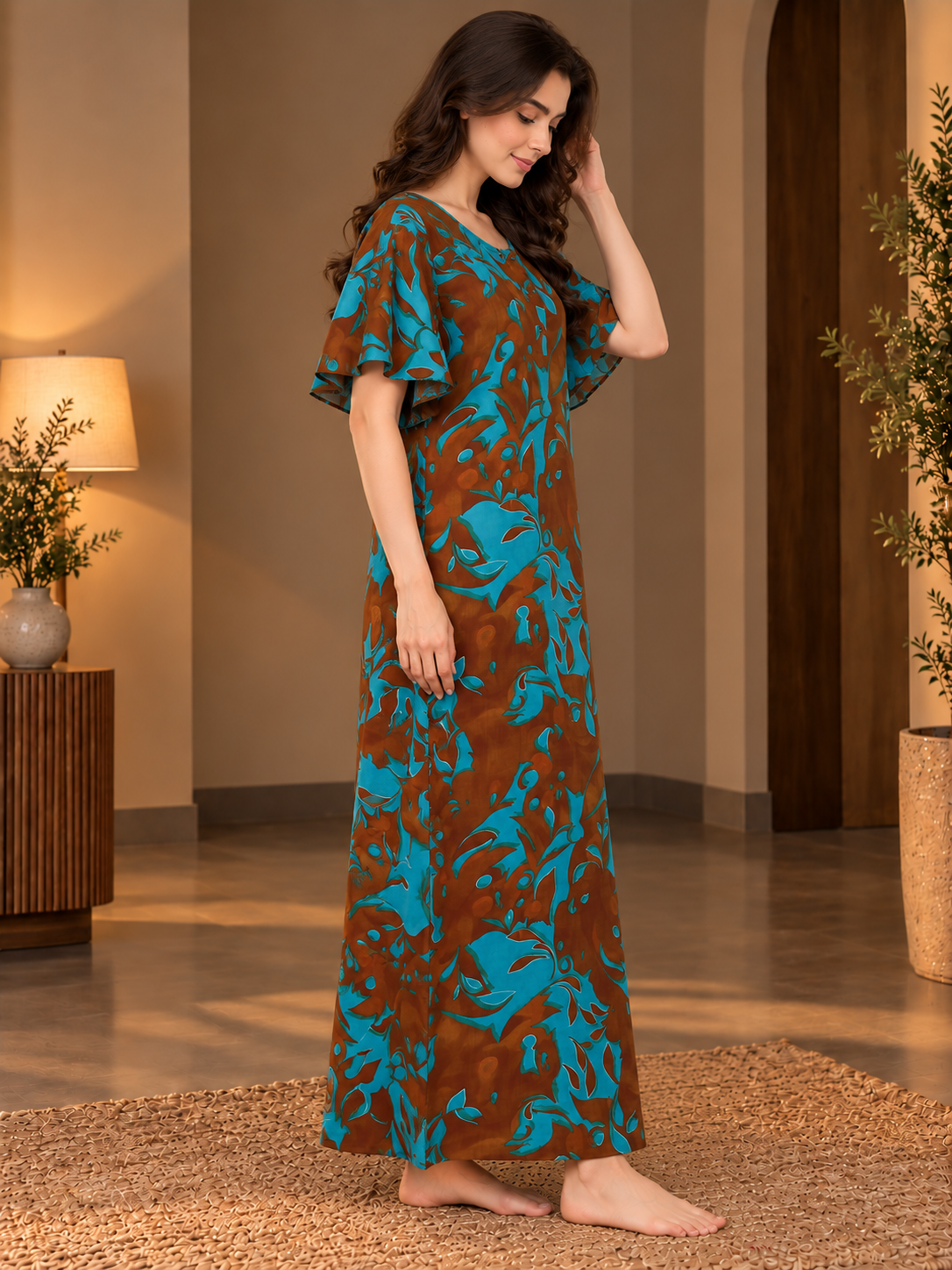 Blue Floral Print Short Sleeve Maxi Nightdress | Claura