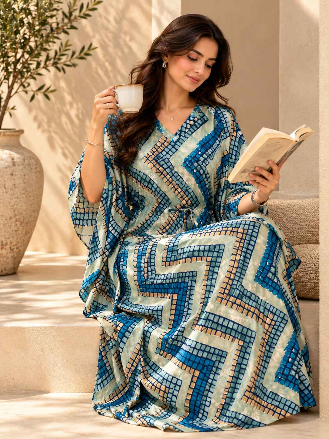 Blue Geometric Print V-Neck Kaftan Maxi Dress For Women | Claura