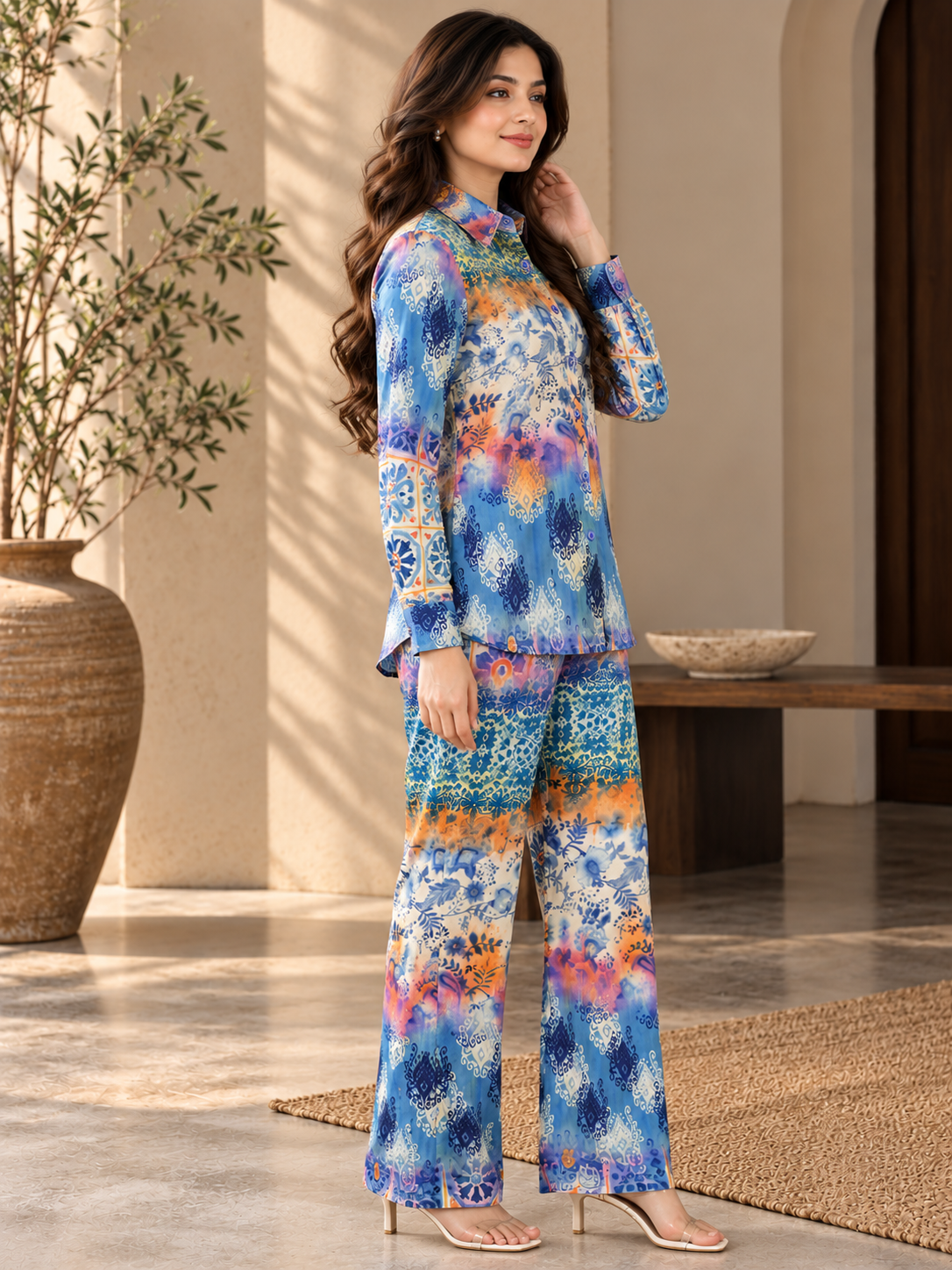 Blue Abstract Printed Viscose Rayon Co-Ord Set for Women