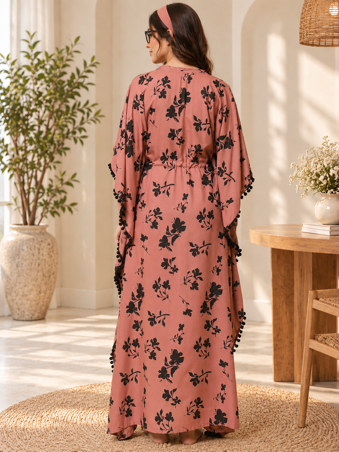 Rust Floral Rayon Kaftan Dress for Women | Claura
