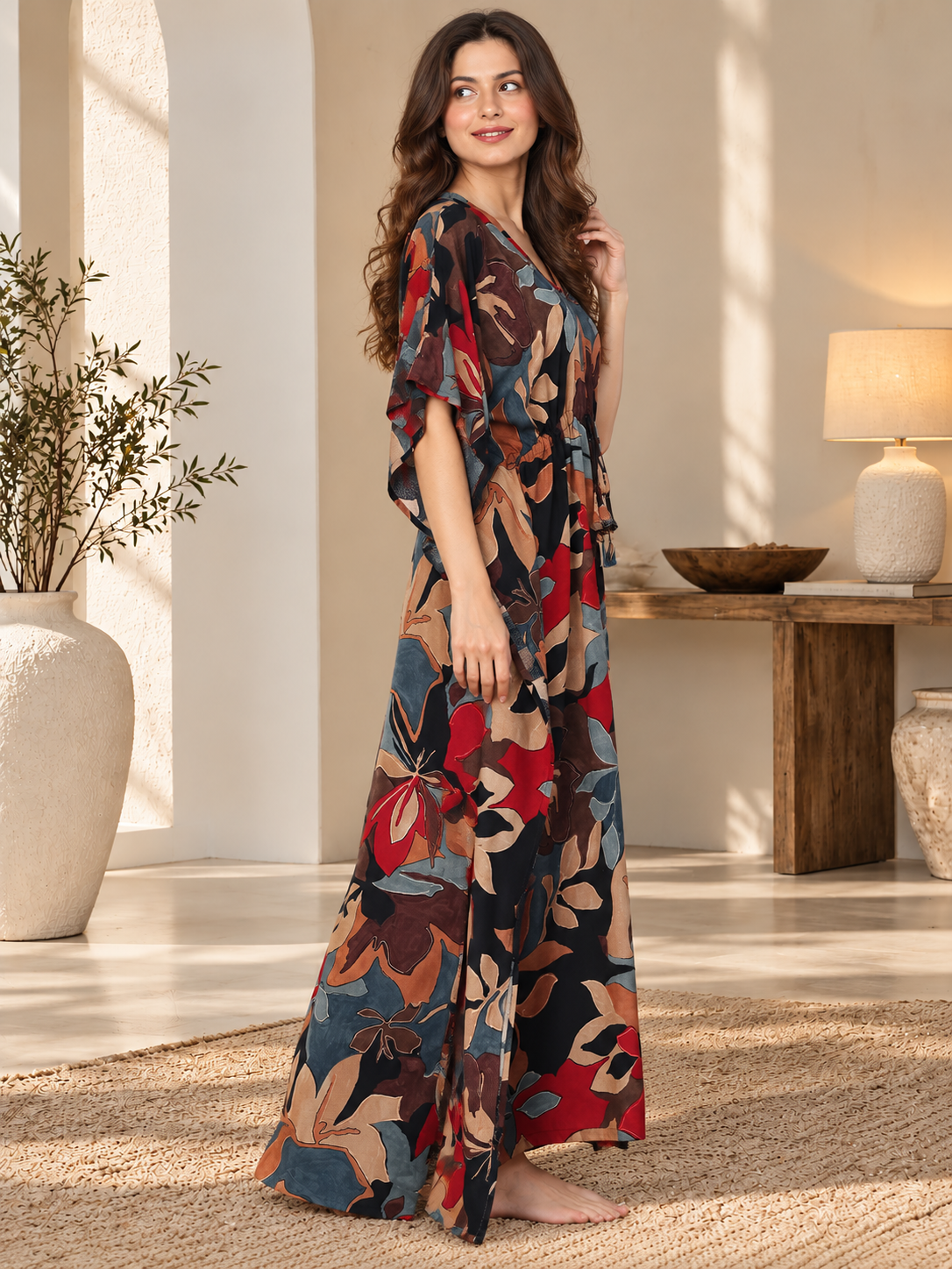 Black Color Abstract Printed Viscose Rayon Kaftan | Claura