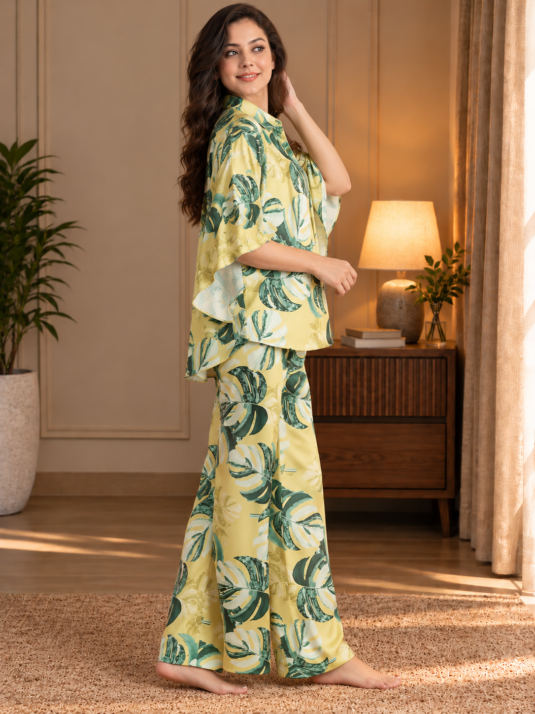 Yellow Floral Satin Night Suit for Women | Claura