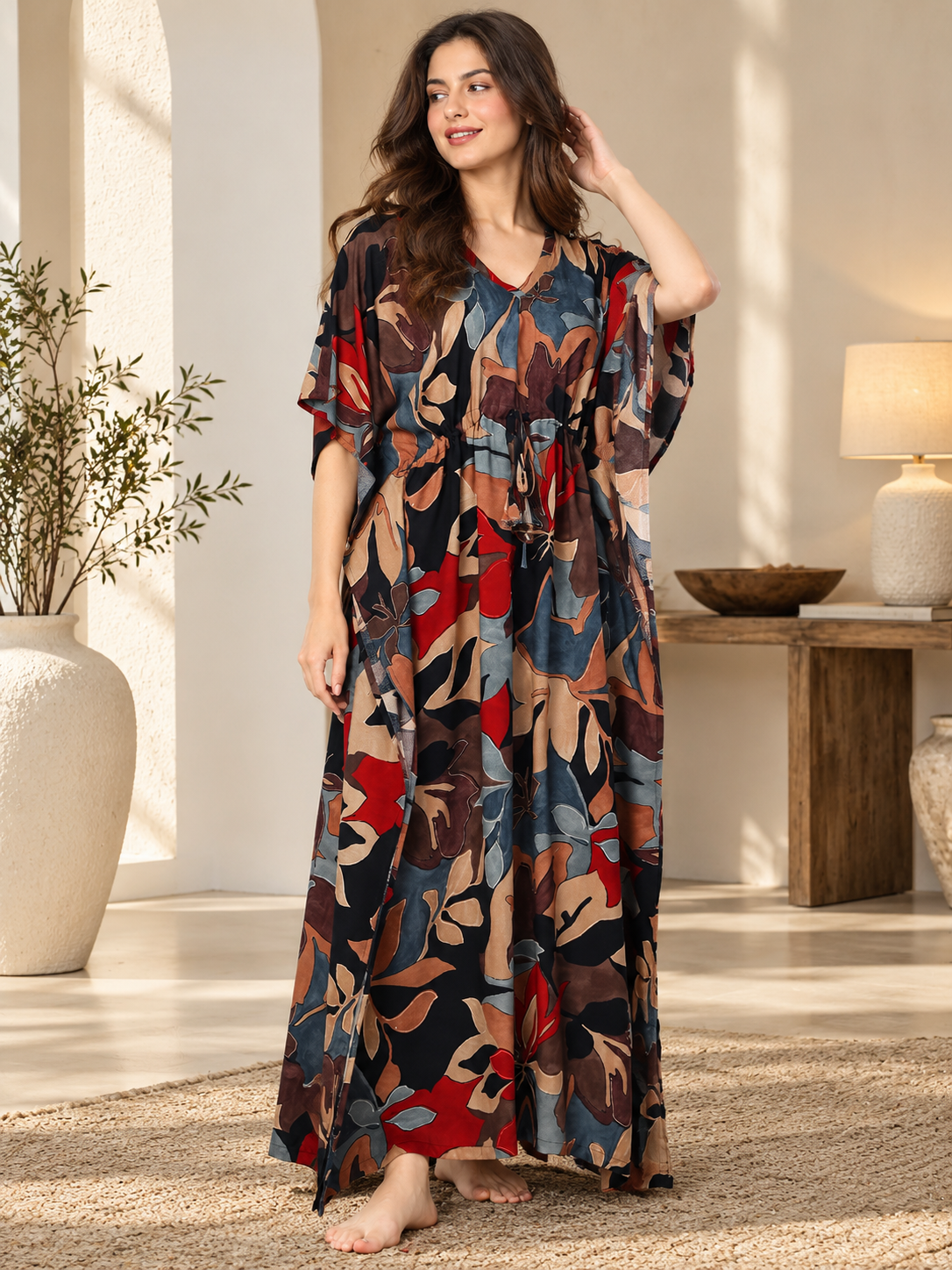 Black Color Abstract Printed Viscose Rayon Kaftan | Claura