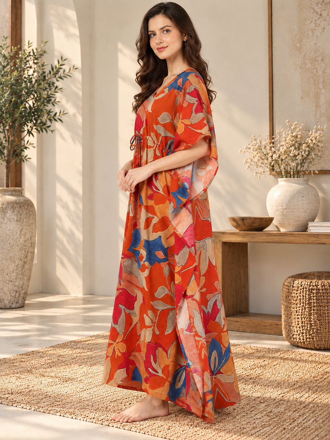 Orange Color Abstract Printed Viscose Rayon Kaftan | Claura