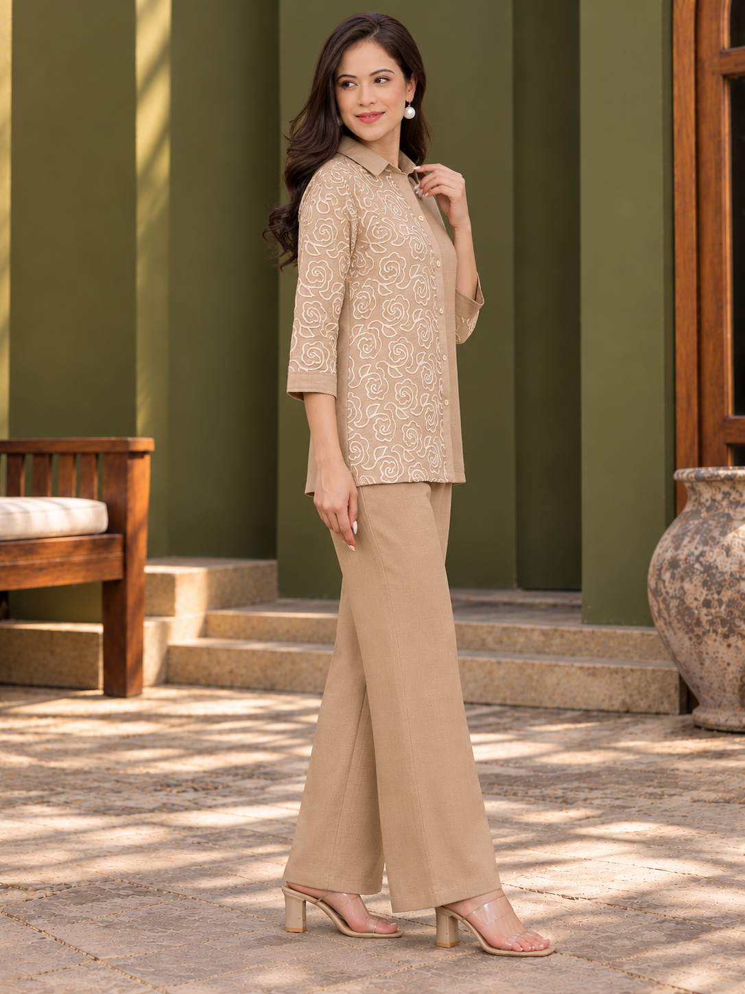 Cream Linen Embroidered Shirt with Solid Palazzos Co-Ord Set | Claura