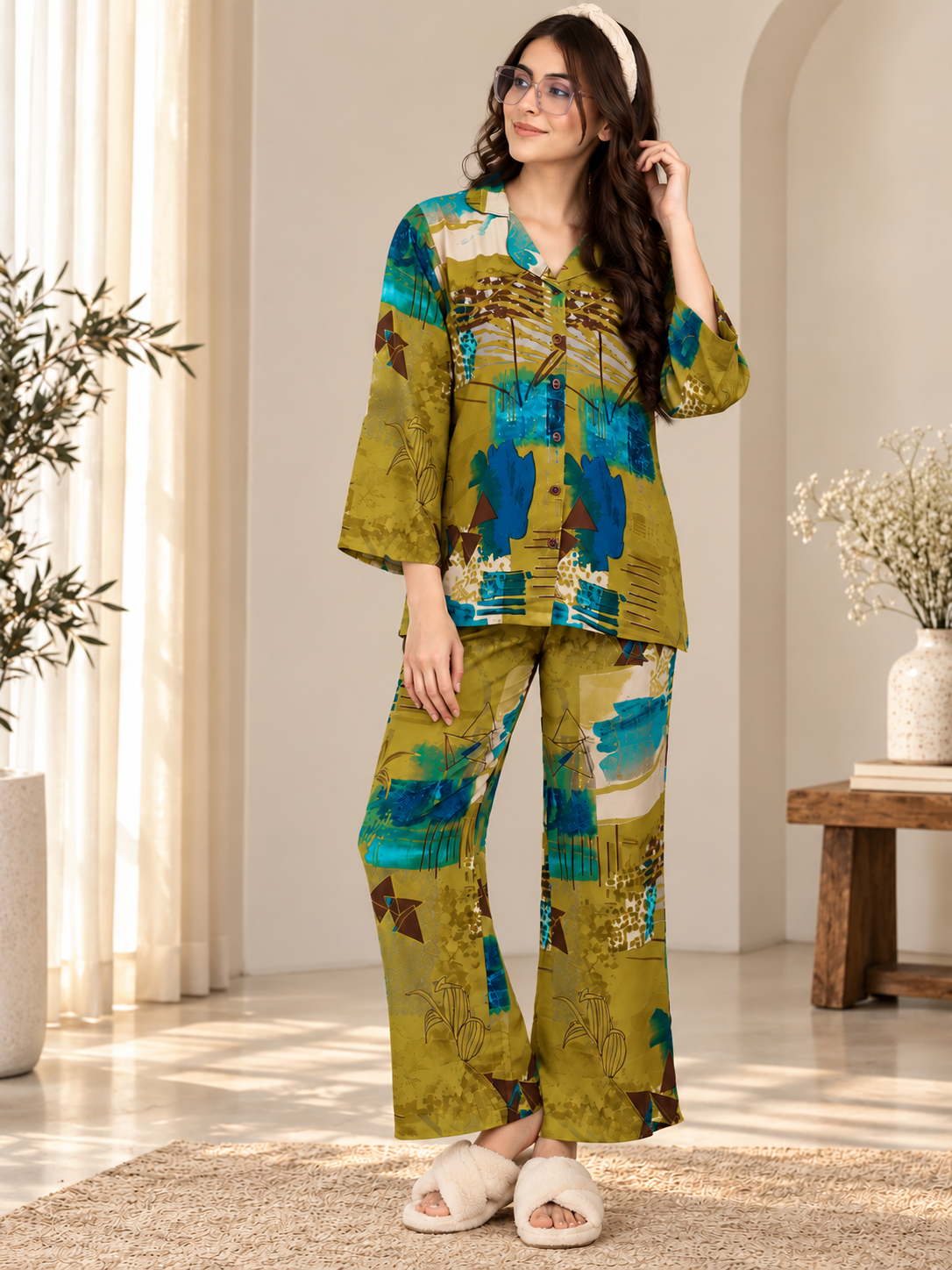 Olive Green Viscose Rayon Full Sleeve Night Suit for Women | Claura