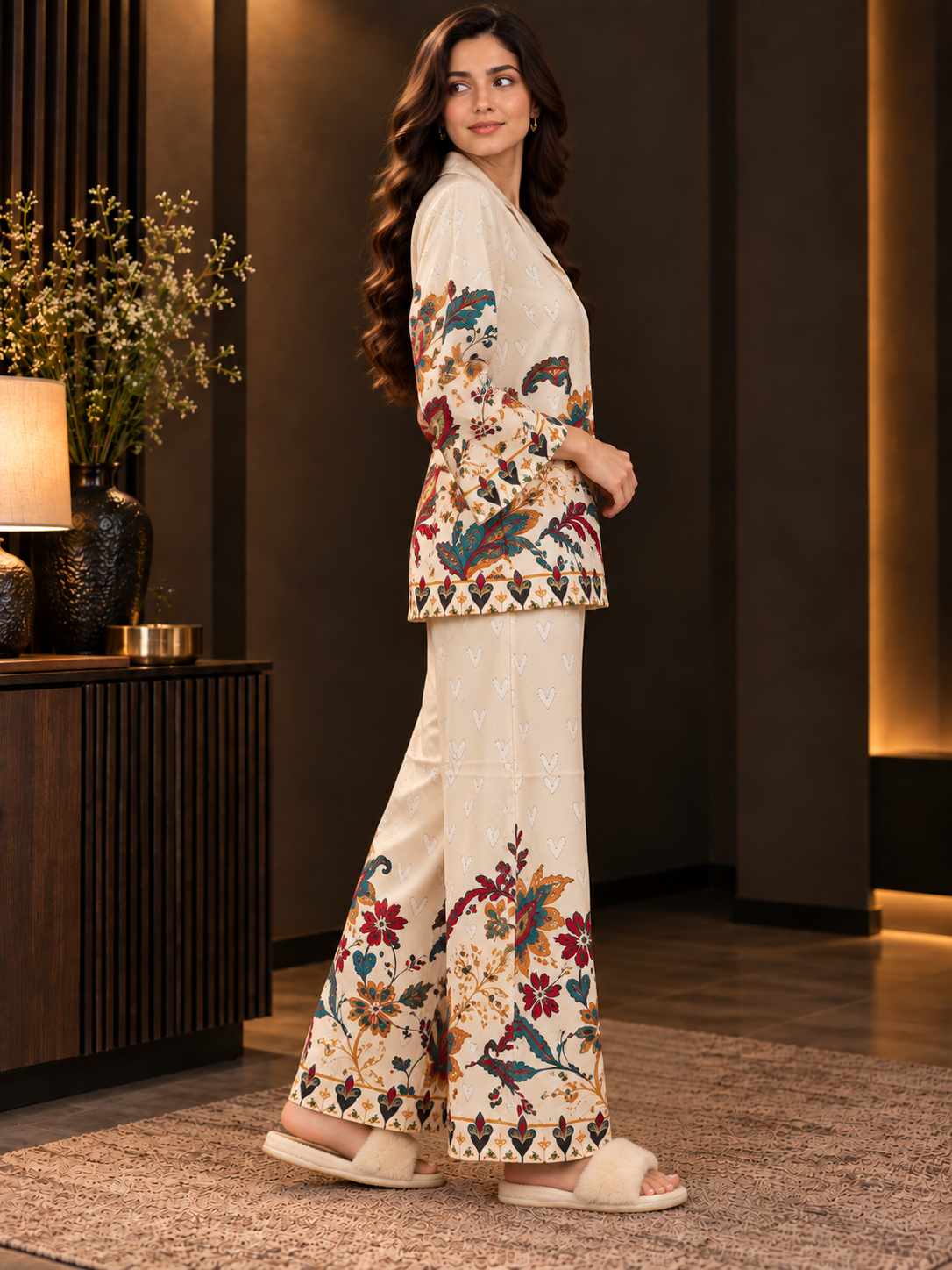 White Botanical Print Shirt Collar Night Suit For Women | Claura