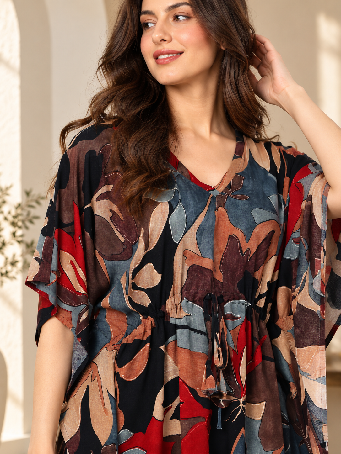 Black Color Abstract Printed Viscose Rayon Kaftan | Claura