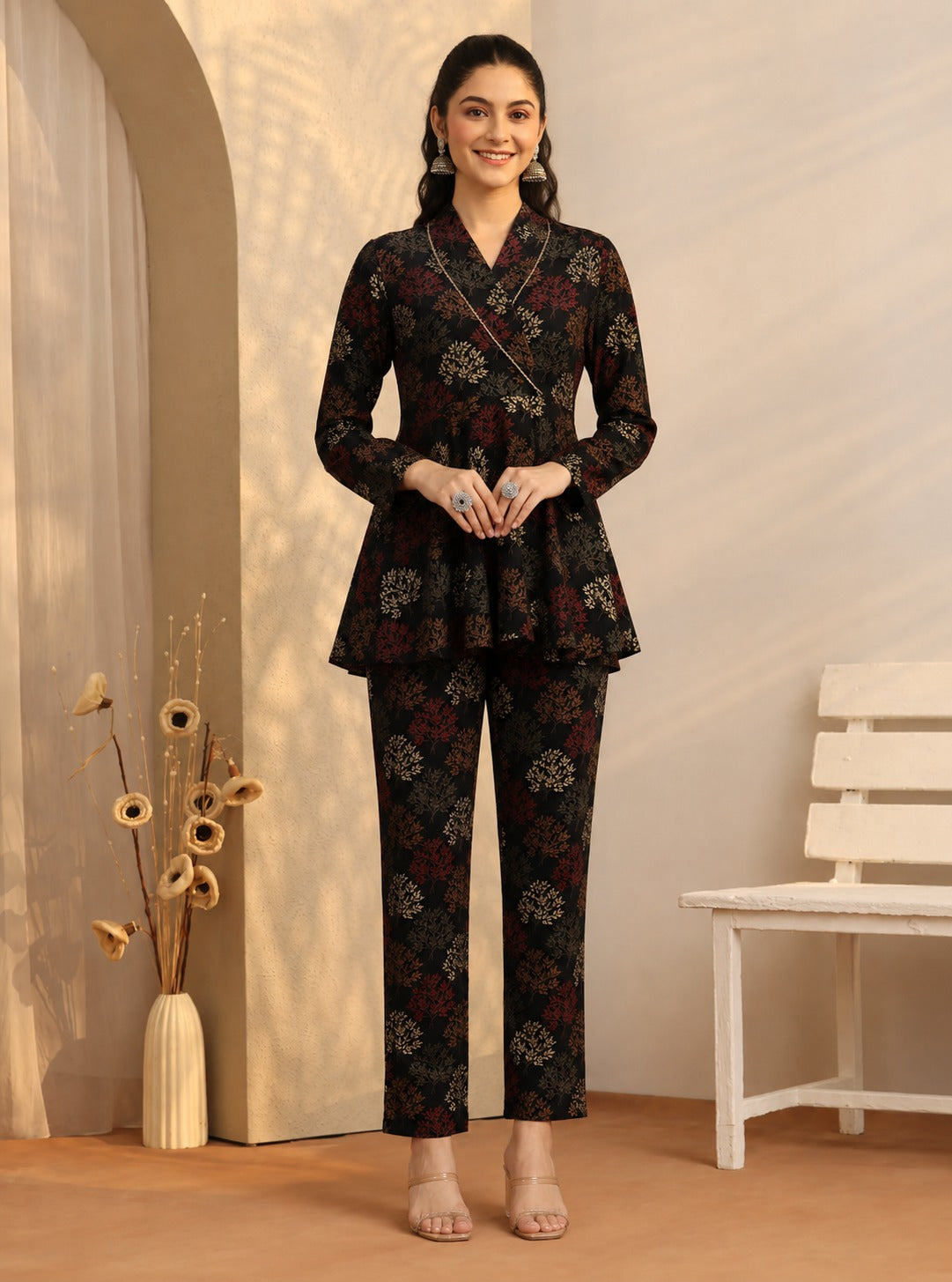 Black Ethnic Printed Chanderi Silk Set with Long-Sleeve Co-ord Set for Women