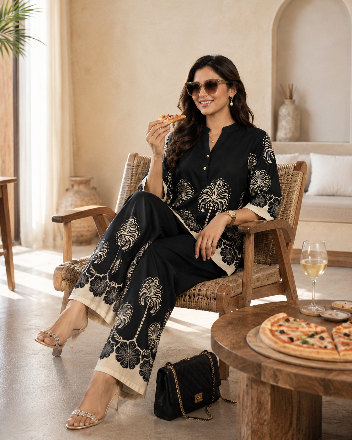 Black & Cream Floral Printed Mandarin Collar Co-Ord Set | Claura