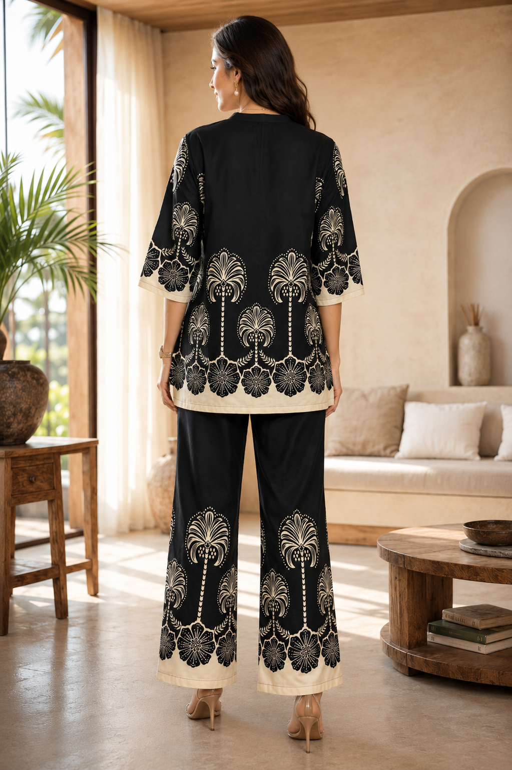 Black & Cream Floral Printed Mandarin Collar Co-Ord Set | Claura