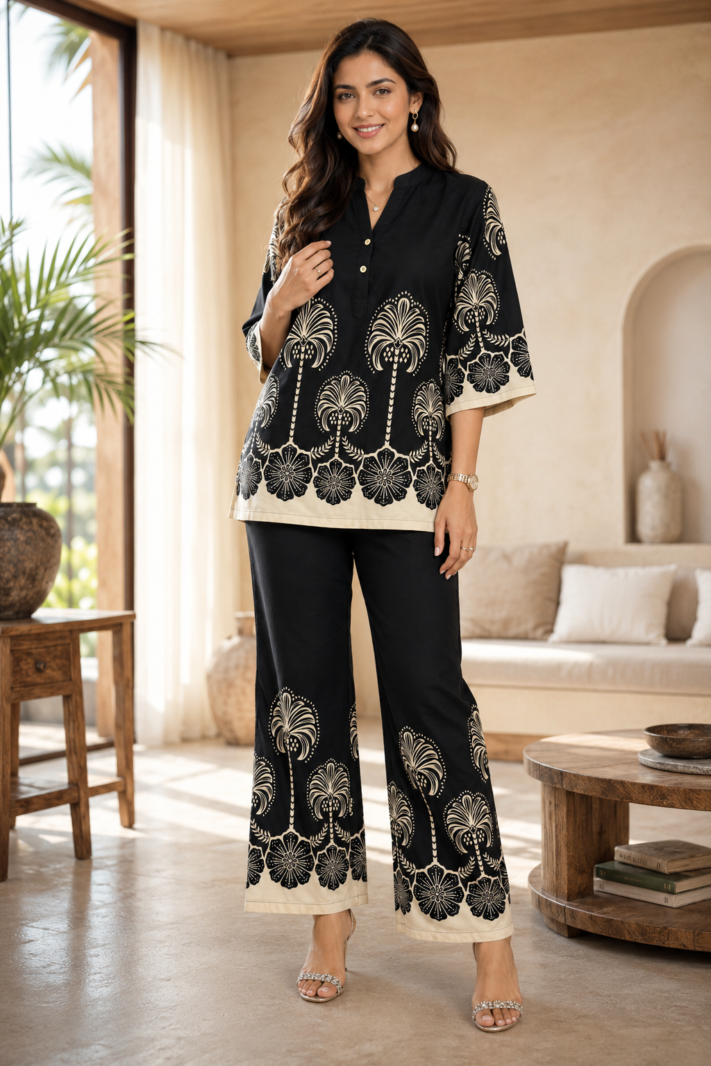 Black & Cream Floral Printed Mandarin Collar Co-Ord Set | Claura