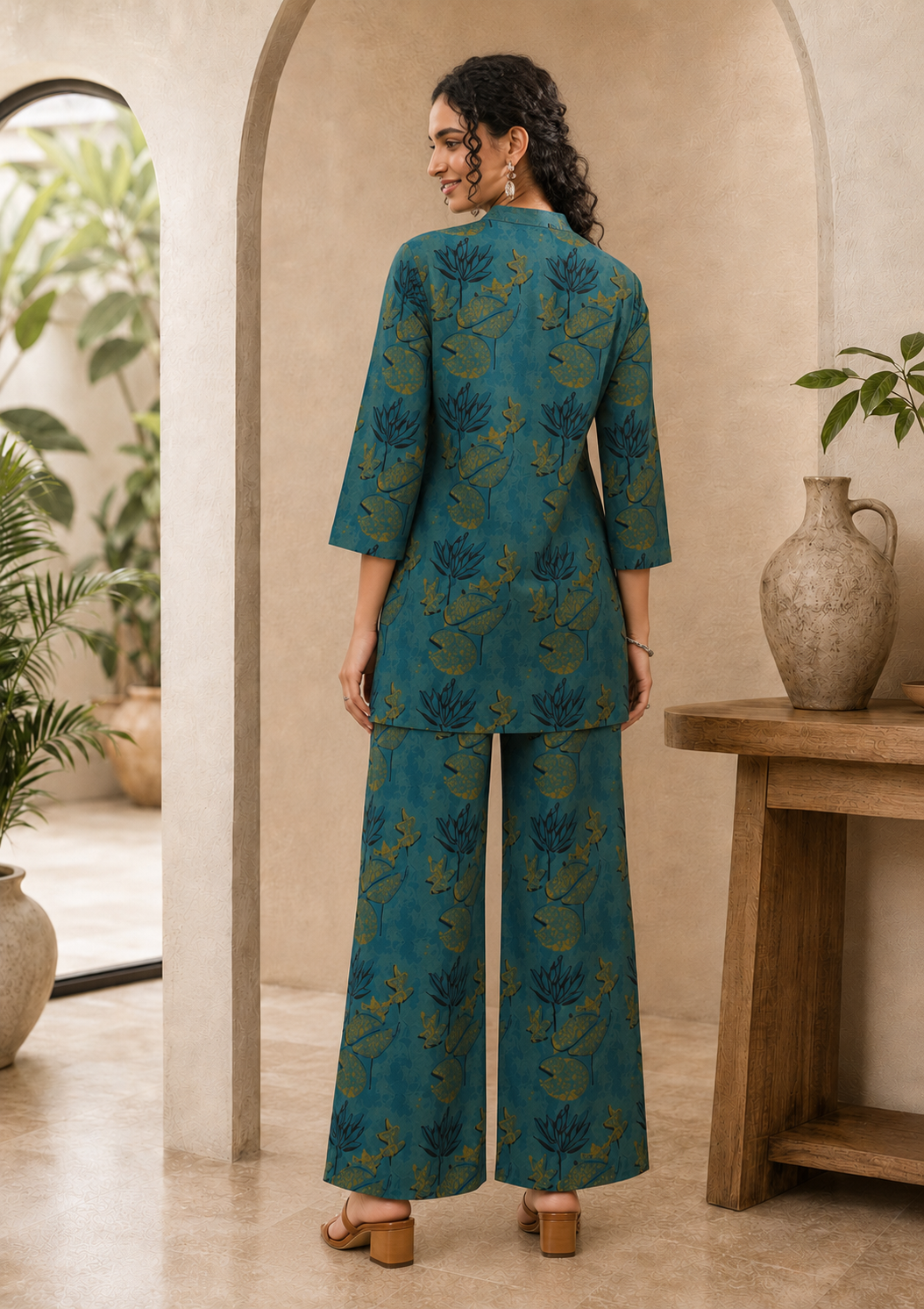 Teal Green Cotton Printed Tunic with Palazzos Co-Ord Set | Claura