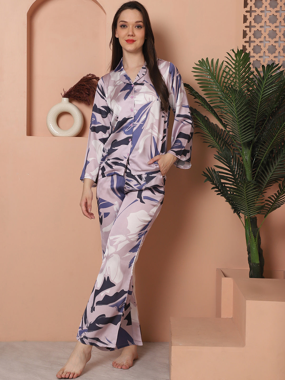 Mauve Floral Printed Satin Night Suit for Women by Claura