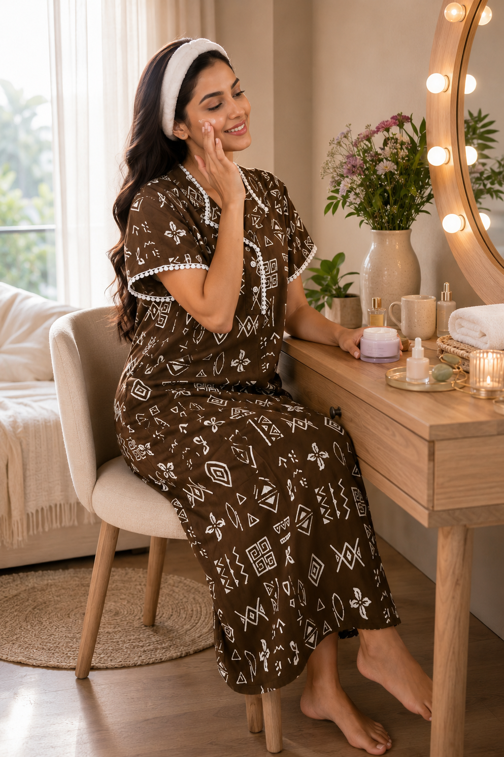 Brown Geometric Printed Cotton Maxi Nightdress | Claura