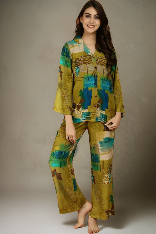 Green Abstract Printed Viscose Rayon Night Suit for Women by Claura