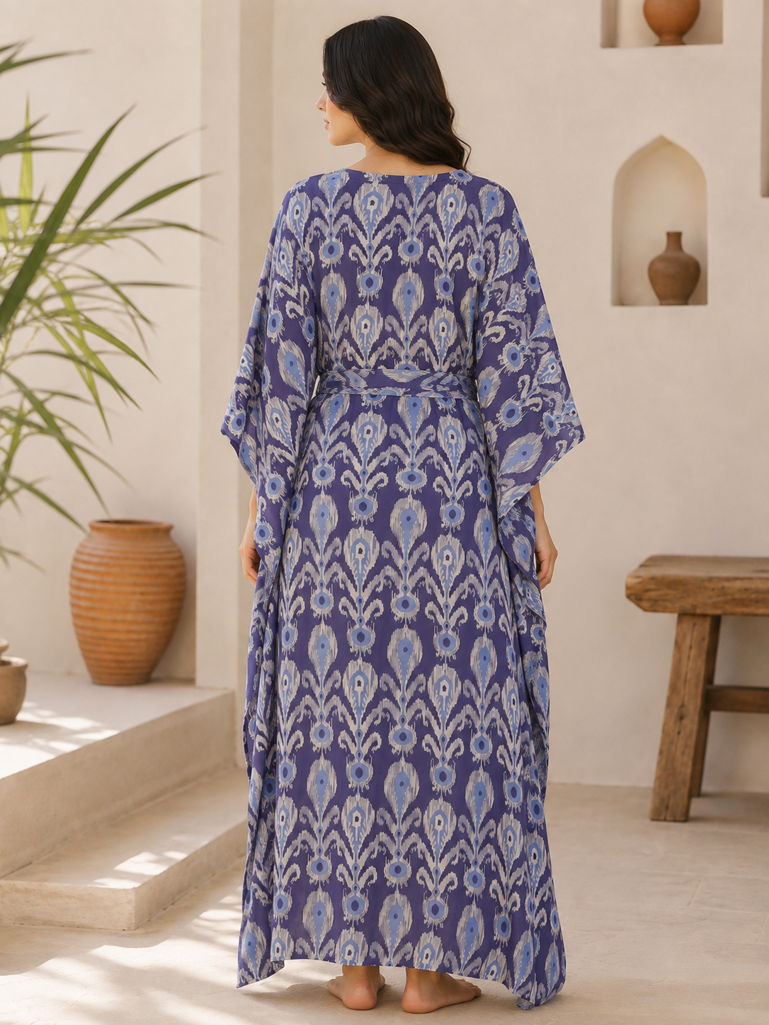 Blue Color Abstract Printed Viscose Rayon Kaftan For Women