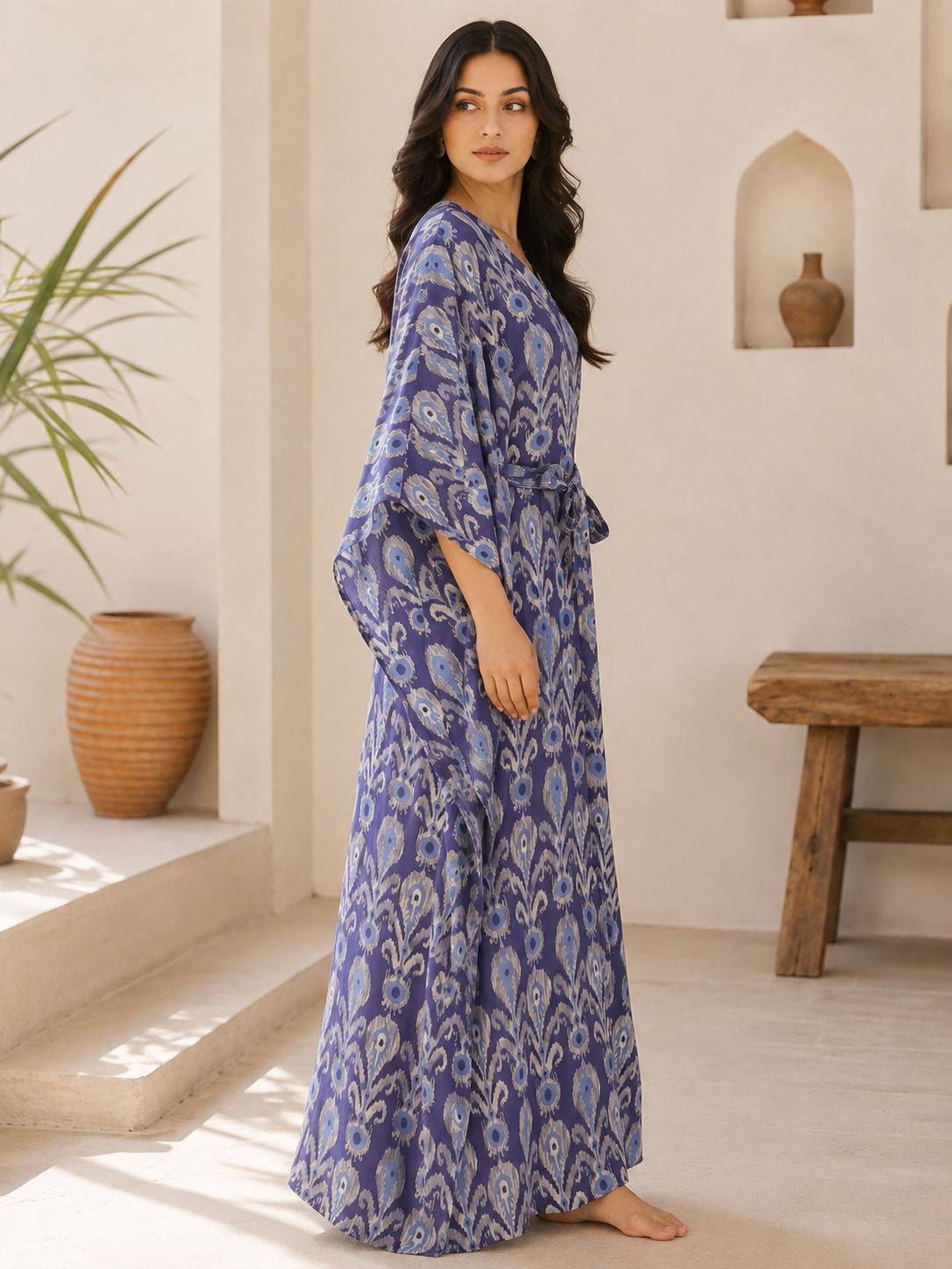 Blue Color Abstract Printed Viscose Rayon Kaftan For Women