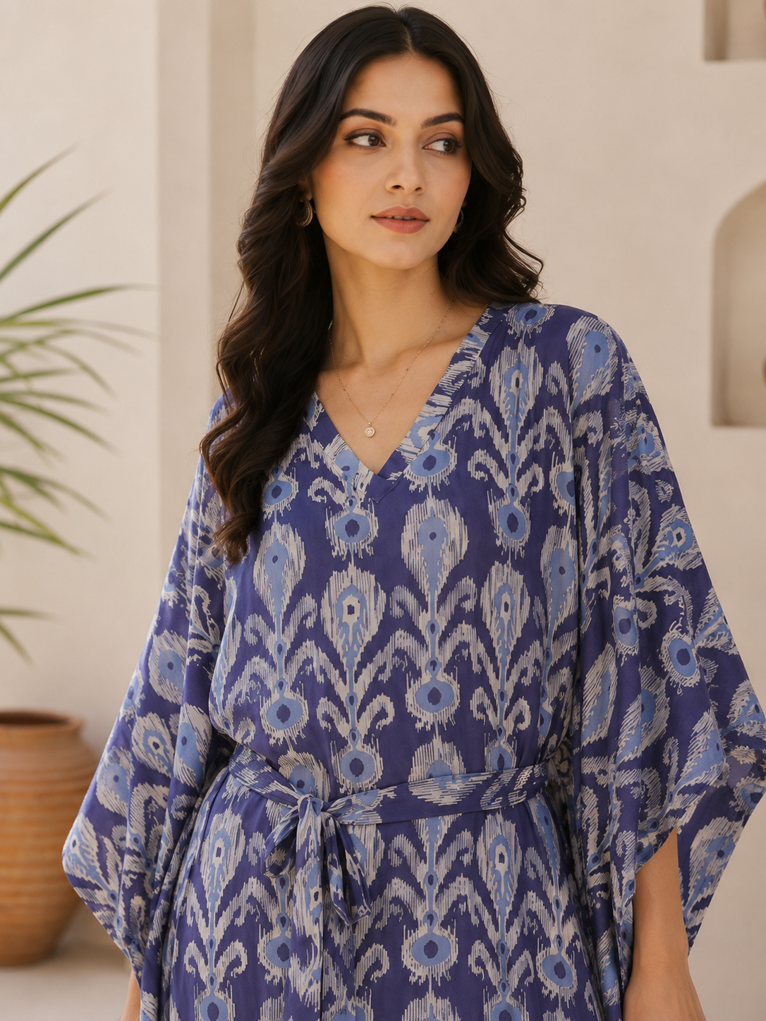 Blue Color Abstract Printed Viscose Rayon Kaftan For Women