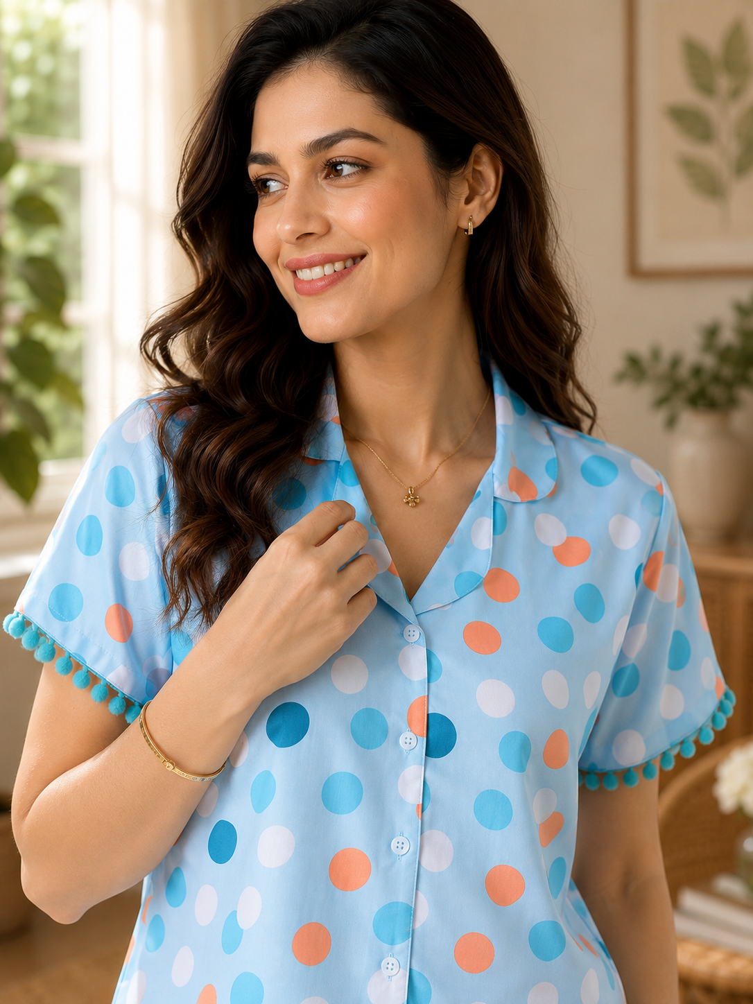 Sky Blue Cotton Polka Dot Printed Night Suit for Women | Claura