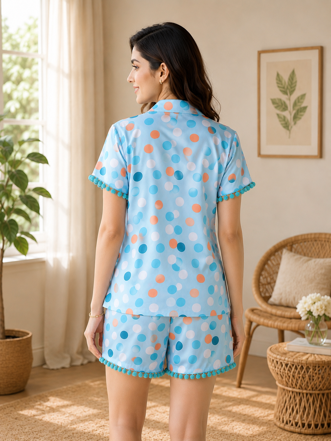 Sky Blue Cotton Polka Dot Printed Night Suit for Women | Claura