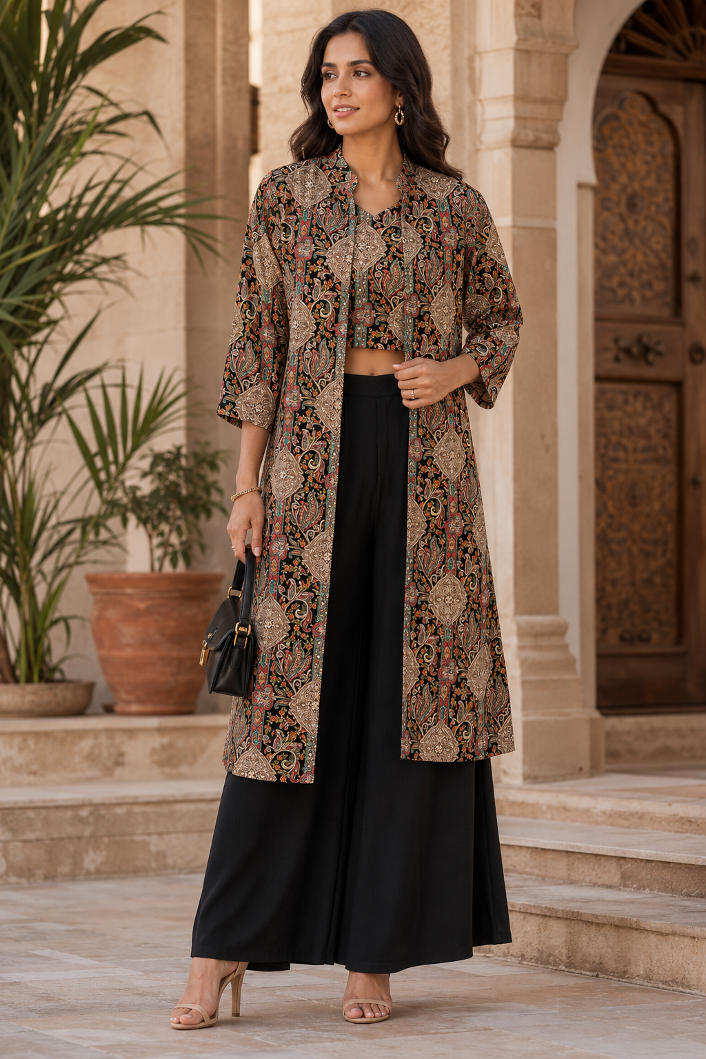 Black Abstract Viscose Rayon Mandarin Collar Co-Ord Set