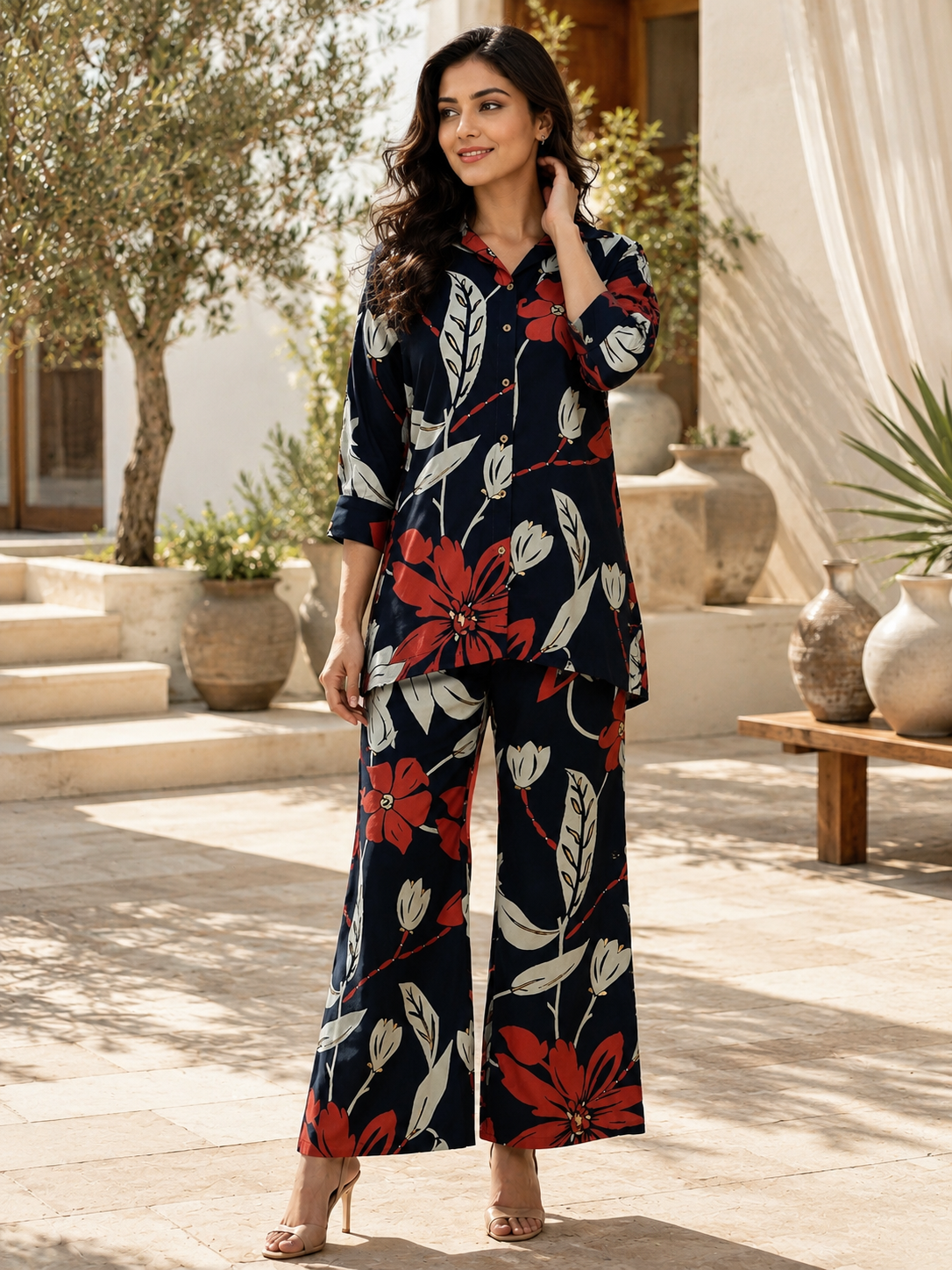 Co-Ord Set - Navy Blue Floral Print Two-Piece Set for Women