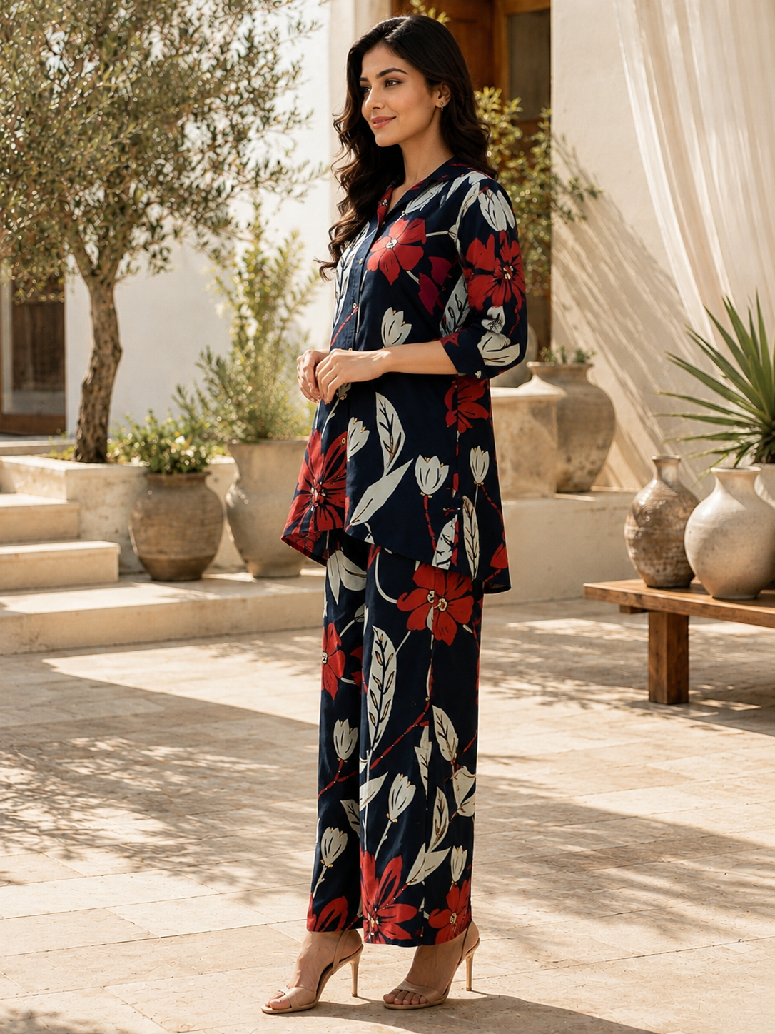 Co-Ord Set - Navy Blue Floral Print Two-Piece Set for Women