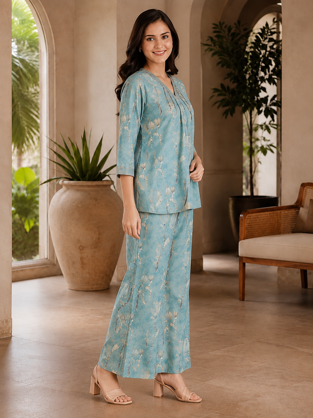 Blue Floral Chanderi Silk V-Neck Co-Ord Set for Women