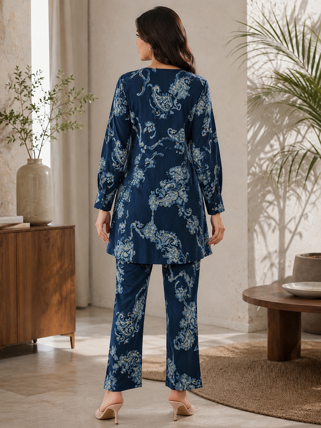 Navy Blue Floral Print Co-Ord Set Casual Wear for Women