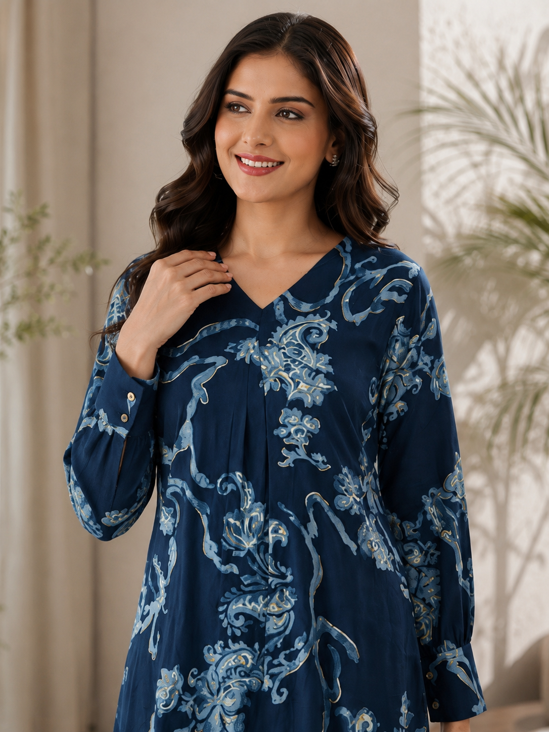 Navy Blue Floral Print Co-Ord Set Casual Wear for Women